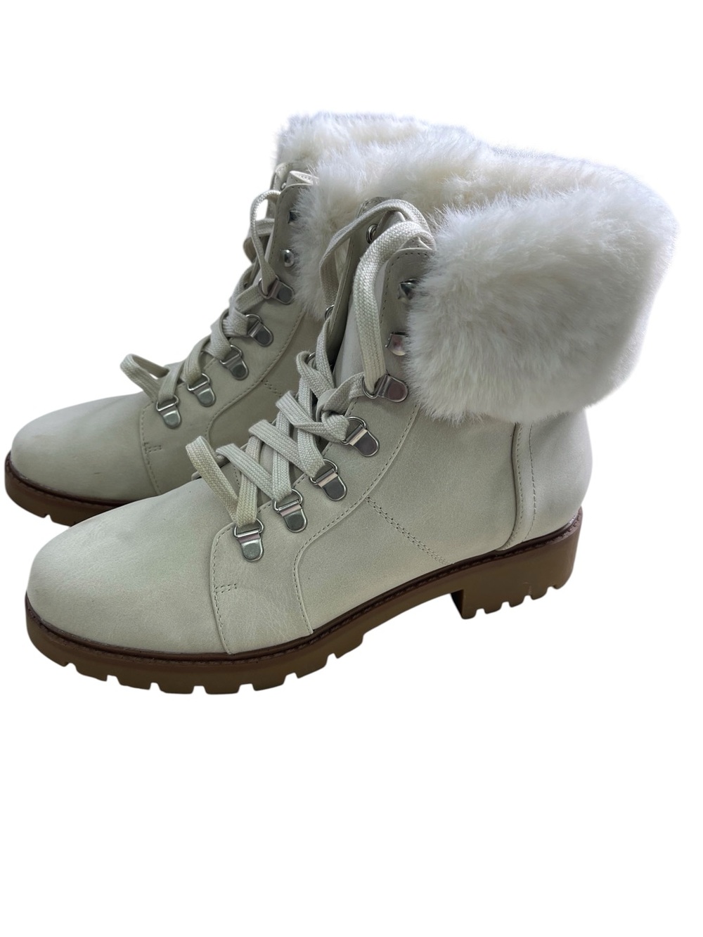 Isaac Mizrahi Cream Faux-Fur Collar Lace-Up Ankle Boots 7.5 M